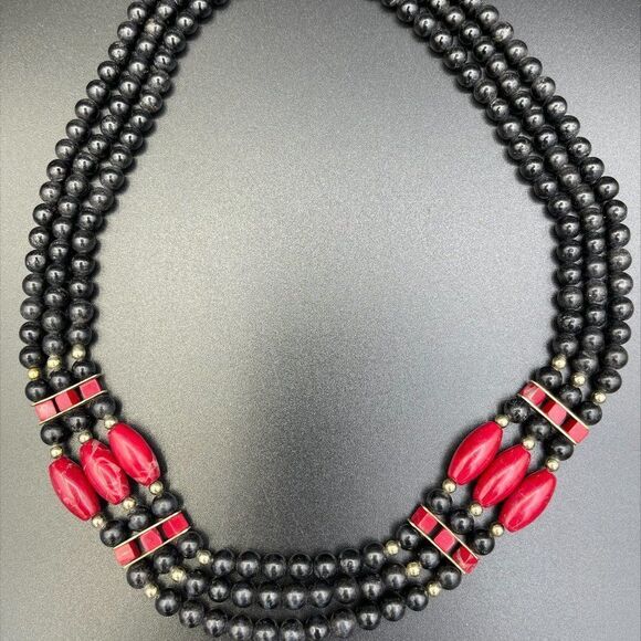 Vintage 3 strand necklace in choker length, real agate and onyx with gold, EUC - Picture 2 of 16